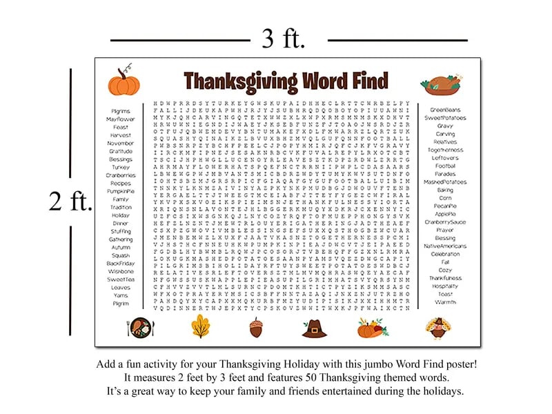 🎉 Jumbo Thanksgiving Word Search Poster(🎉Giant 36"x24" Wall Game)
