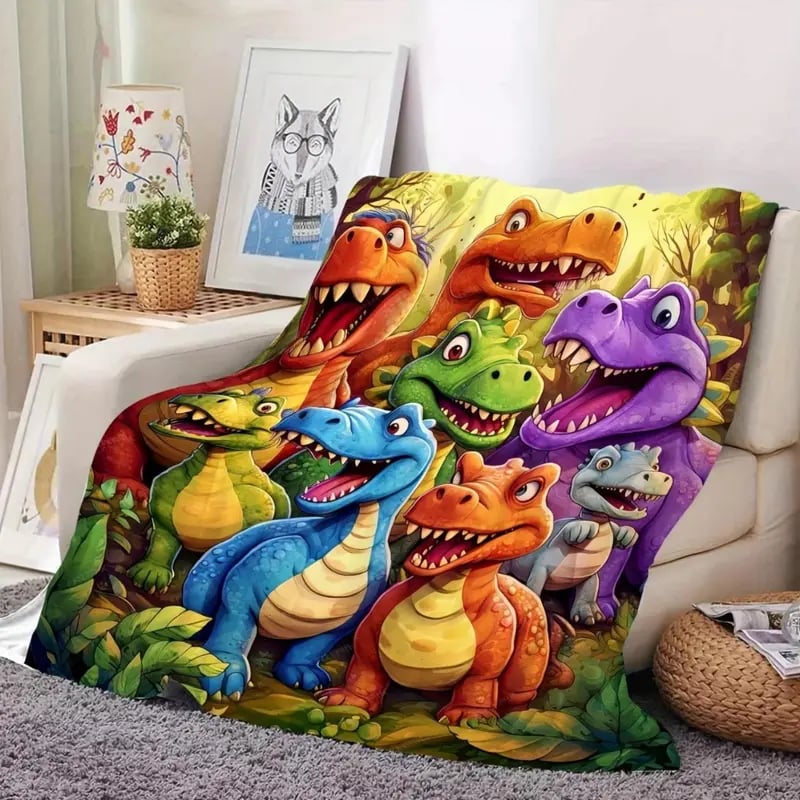 Soft Funny Throw Blanket Cute Smiling Dinosaurs HD Digital Print Flannel